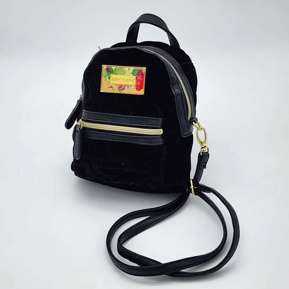 NWT Betsey Johnson Black Velvet Quilted Heart Mini Backpack Crossbody Bag Floral